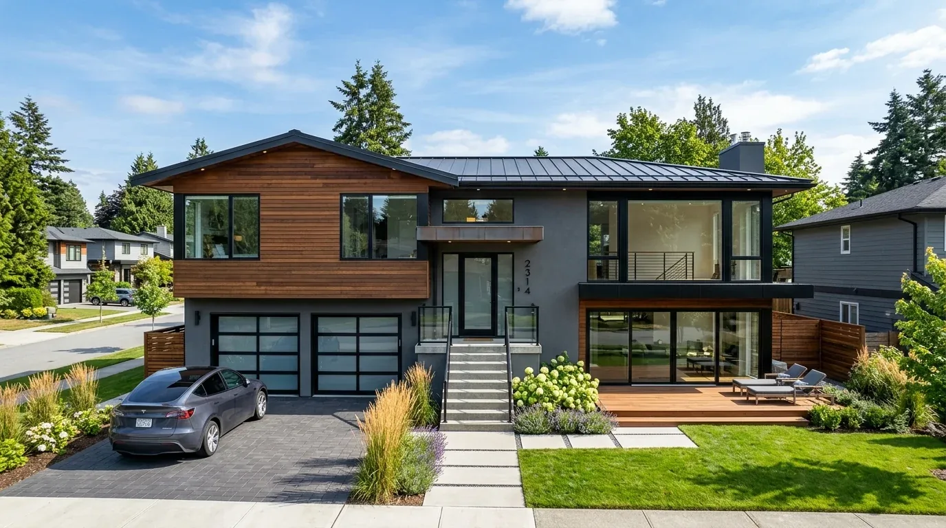 A modern two-story house exterior with wood and gray paneling, large windows, a driveway with a parked car, and a landscaped front yard