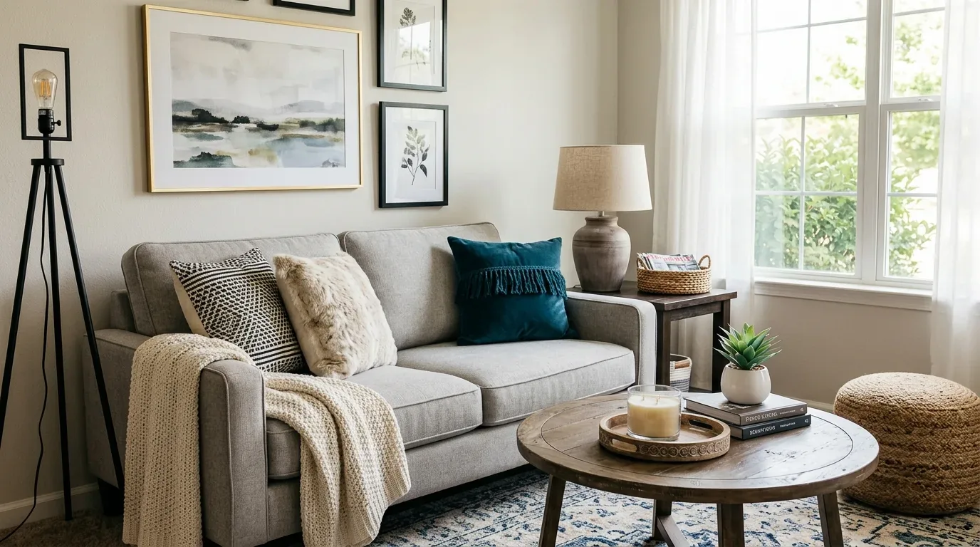 A cozy living room with a gray sofa, decorative pillows, a wooden coffee table, a floor lamp, framed wall art, and a large window with sheer curtains