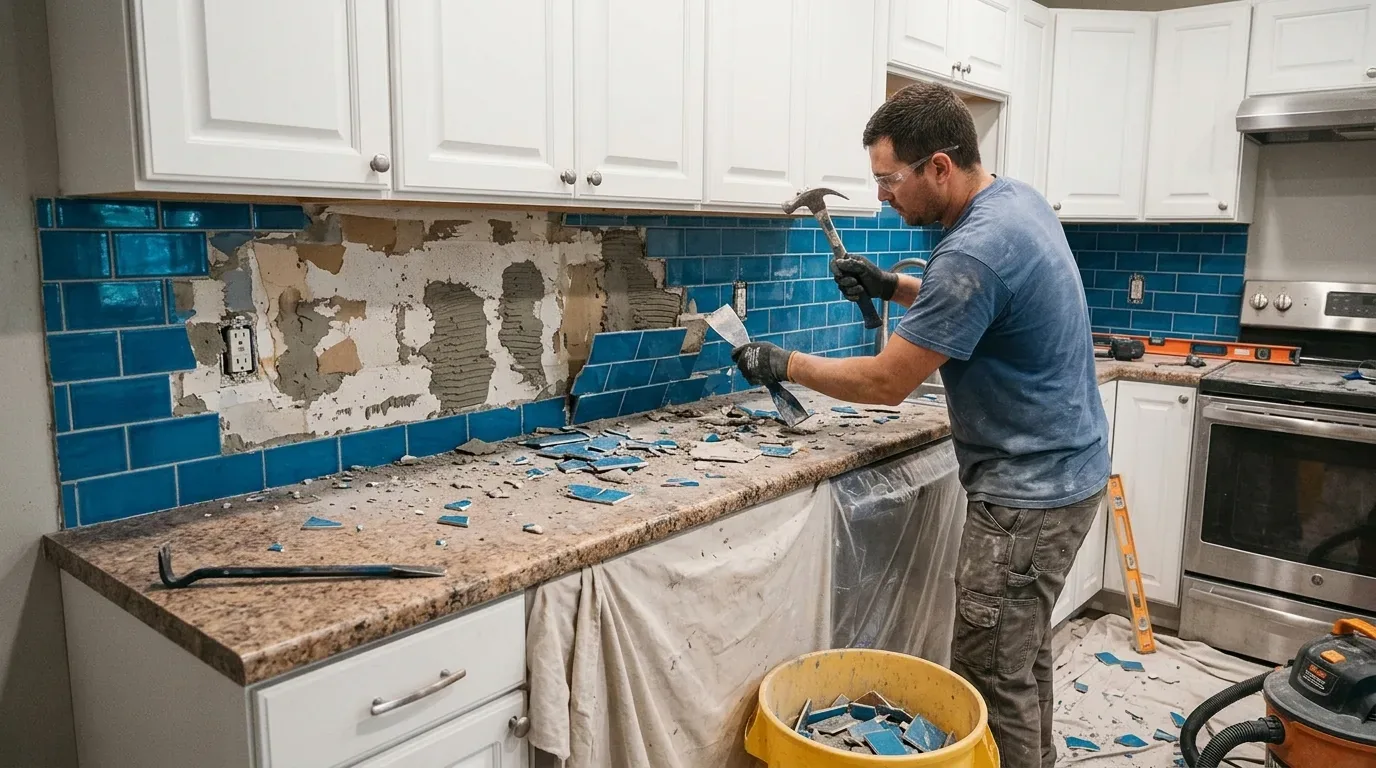 A man is removing blue subway tiles from a kitchen backsplash during a renovation