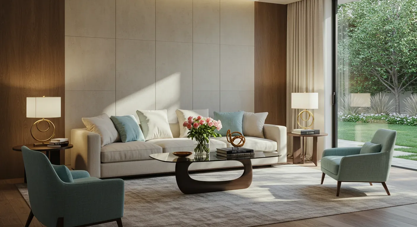 A modern living room with a beige sofa, two blue armchairs, a glass coffee table, and large windows overlooking a garden