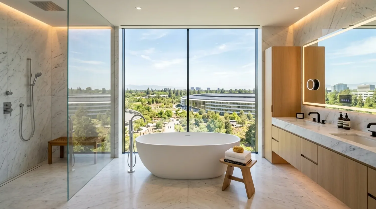 A bathroom vanity with a black cabinet, white countertop, gold fixtures, a large dark framed mirror, and green floral wallpaper