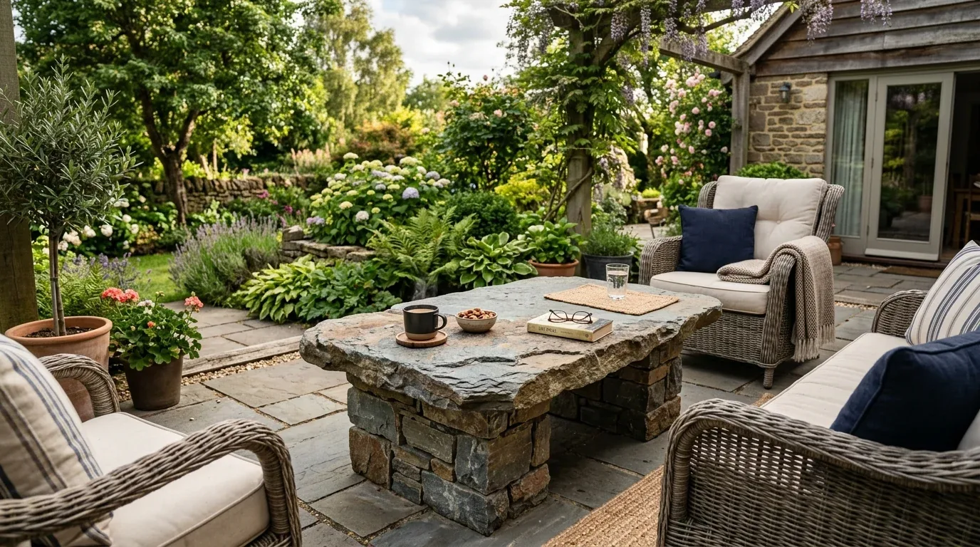 A cozy outdoor patio with wicker furniture, a stone table, and lush garden greenery