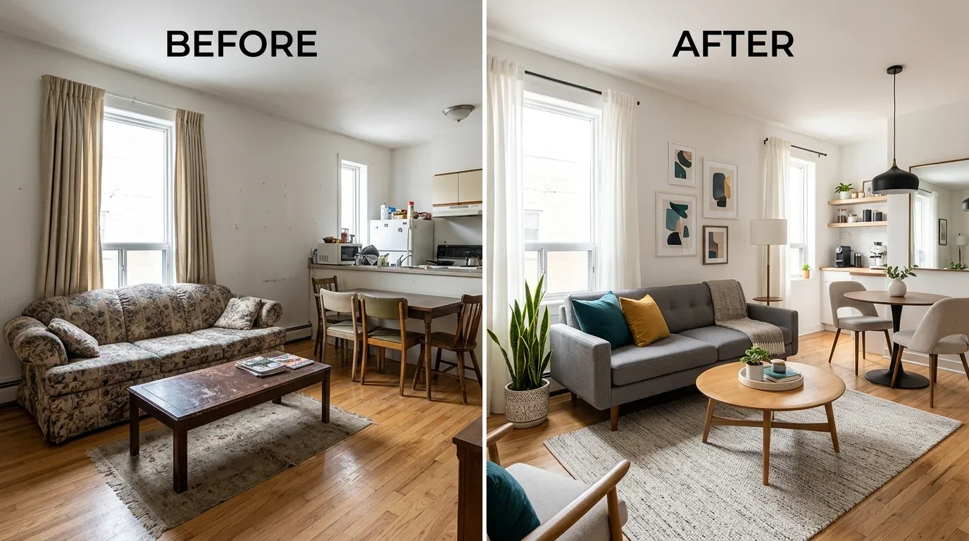 Side-by-side before and after images showing a living room and dining area transformation with updated furniture, decor, and lighting
