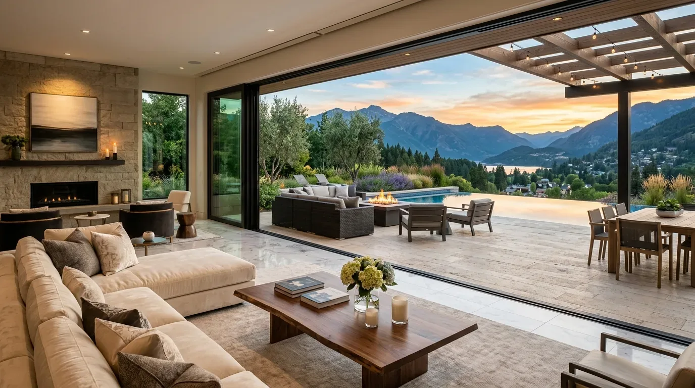 A modern living room opens to an outdoor patio with seating, a fire pit, a pool, and mountain views at sunset
