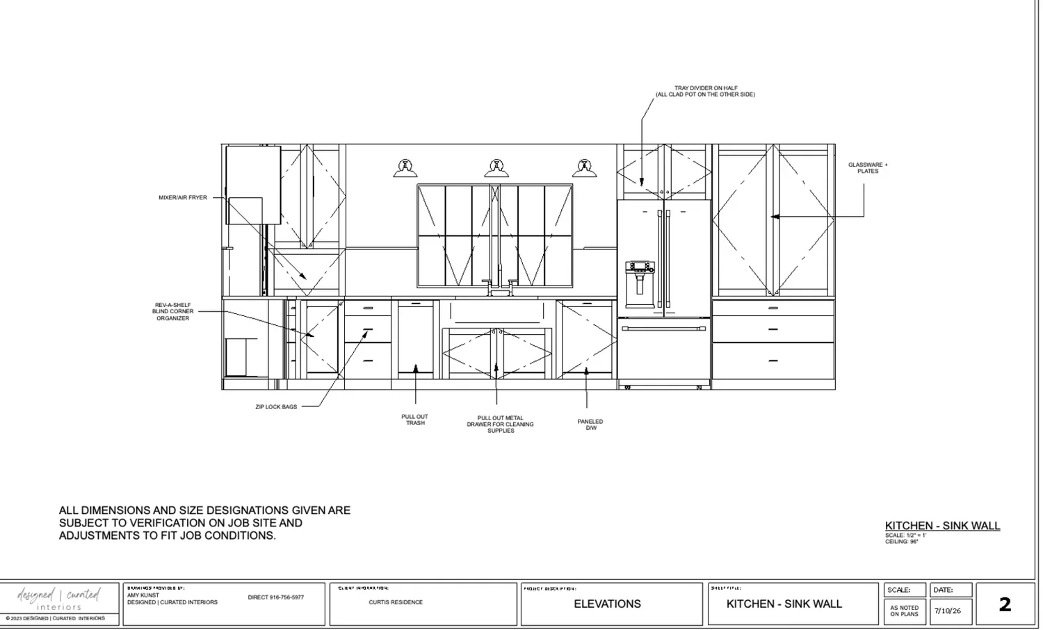 Architectural elevation drawing of a kitchen sink wall with labeled cabinetry and appliances