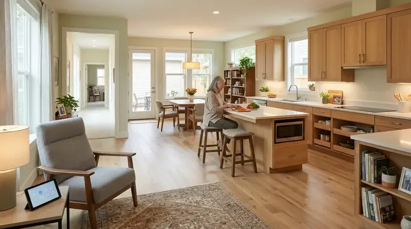 A bright open kitchen and dining area with light wood cabinetry, a kitchen island, and a woman preparing food