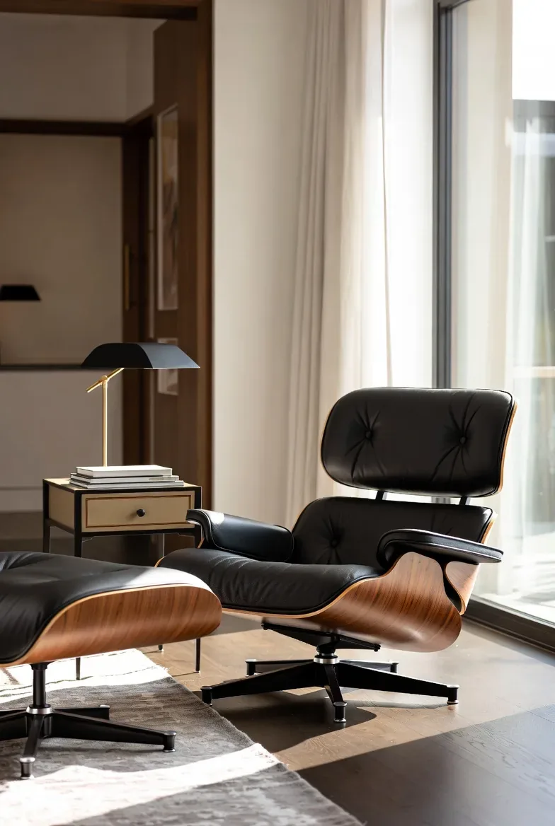 A modern living room corner featuring a black leather lounge chair with matching ottoman, a side table with books, and a sleek black and gold lamp near a large window with sheer curtains