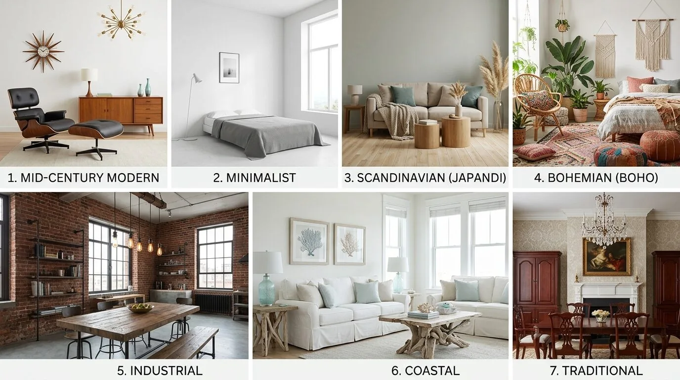 A collage of seven interior design styles showing different room setups labeled with their style names