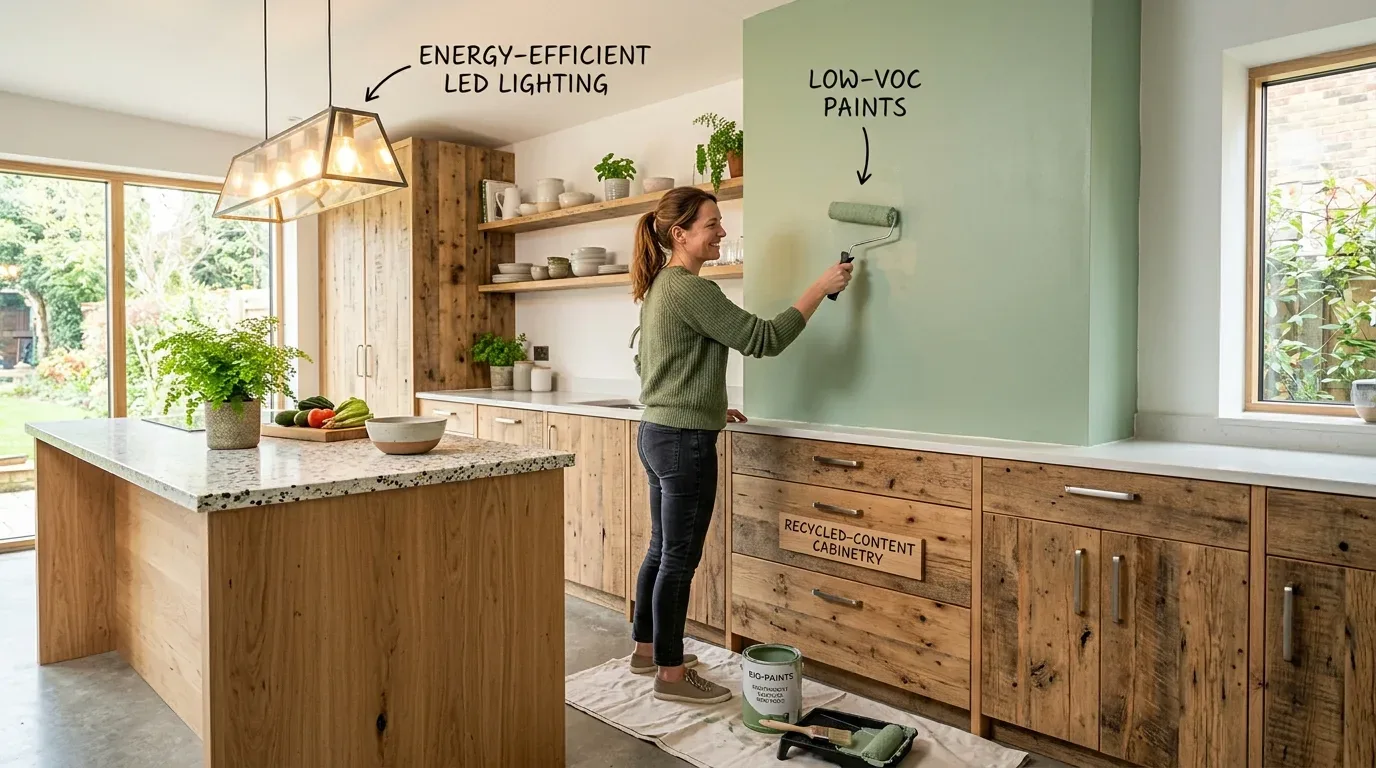 A woman painting a kitchen wall green with eco-friendly materials and sustainable cabinetry