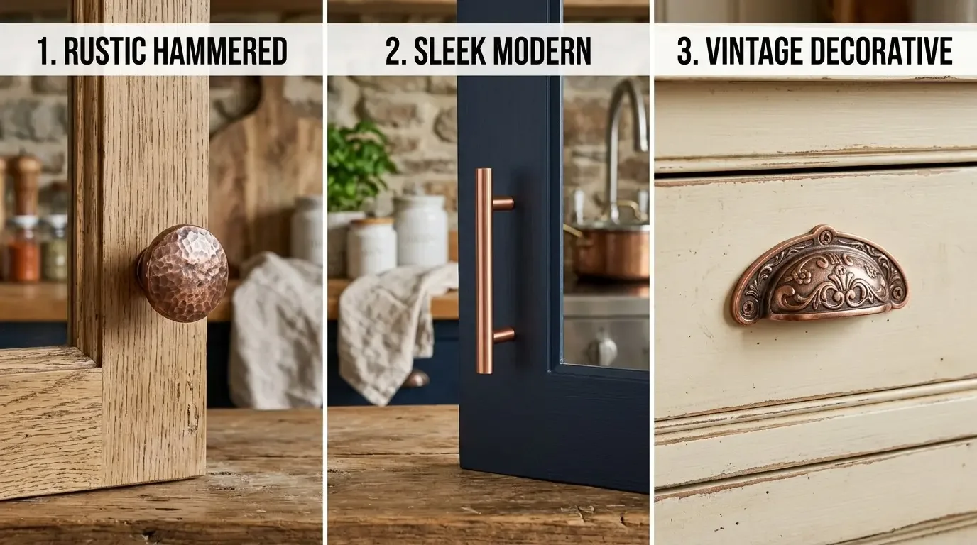Three close-up images of different cabinet hardware styles on kitchen cabinets
