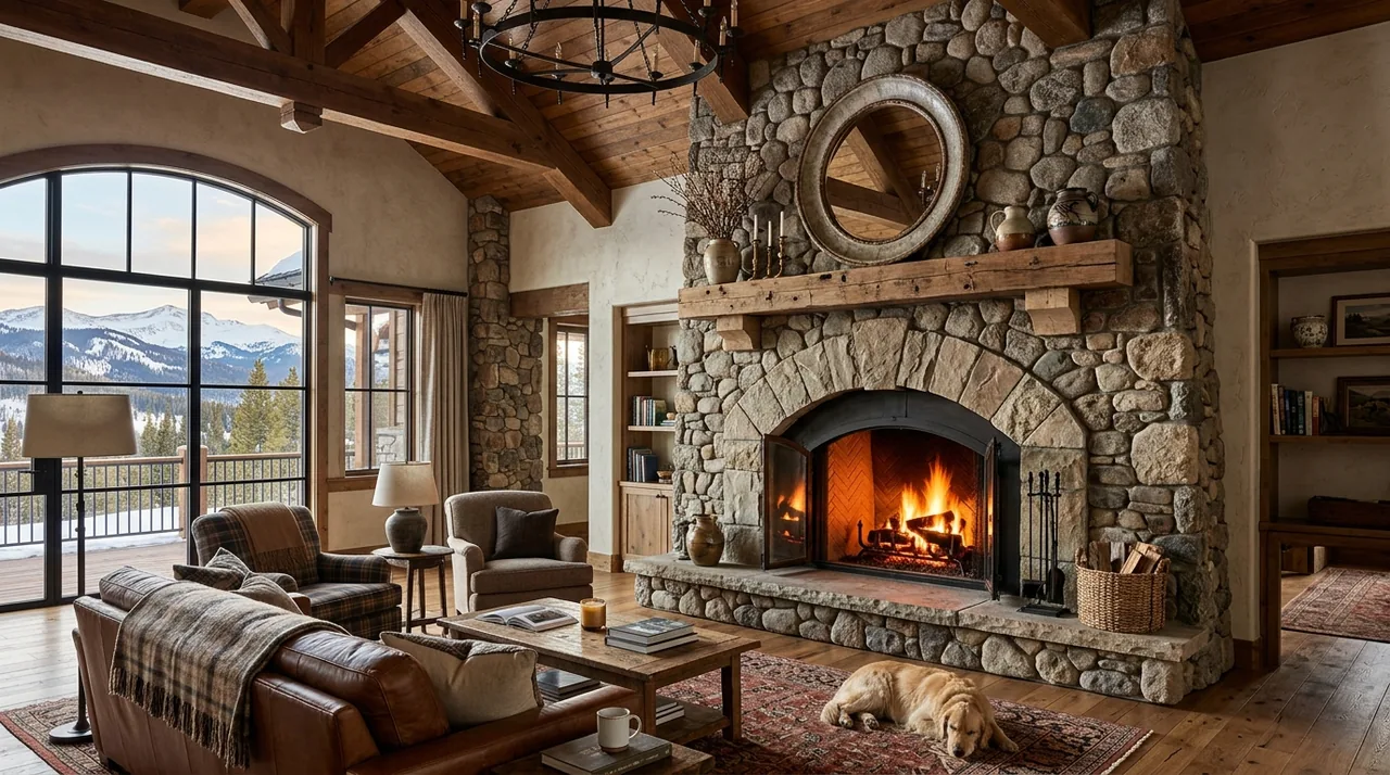 A cozy living room with a large stone fireplace, wooden ceiling beams, and a view of snowy mountains through large