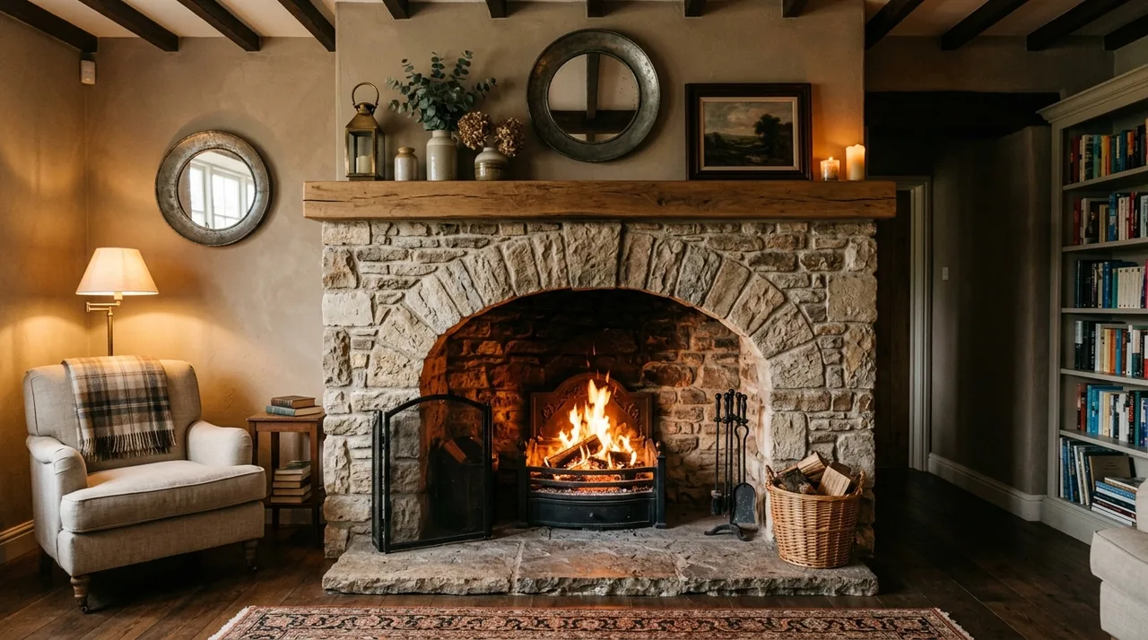 A cozy living room with a stone fireplace, armchair, wooden bookshelf, and warm lighting