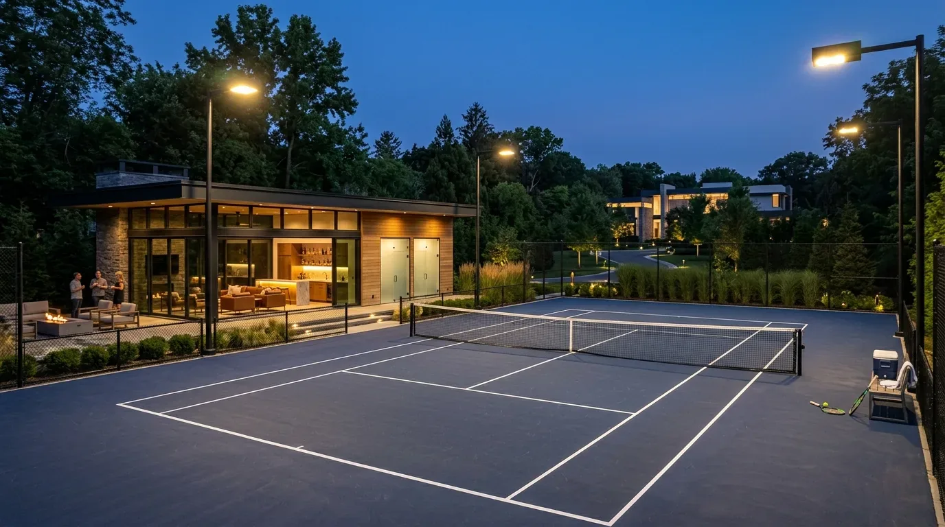An outdoor tennis court at dusk with a modern clubhouse and seating area nearby, surrounded by trees and a large modern house in the background