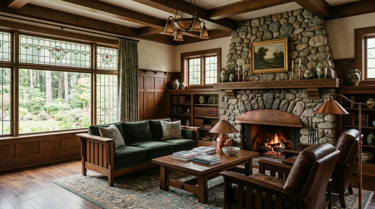 A cozy living room with a stone fireplace, wooden furniture, stained glass windows, and a green sofa
