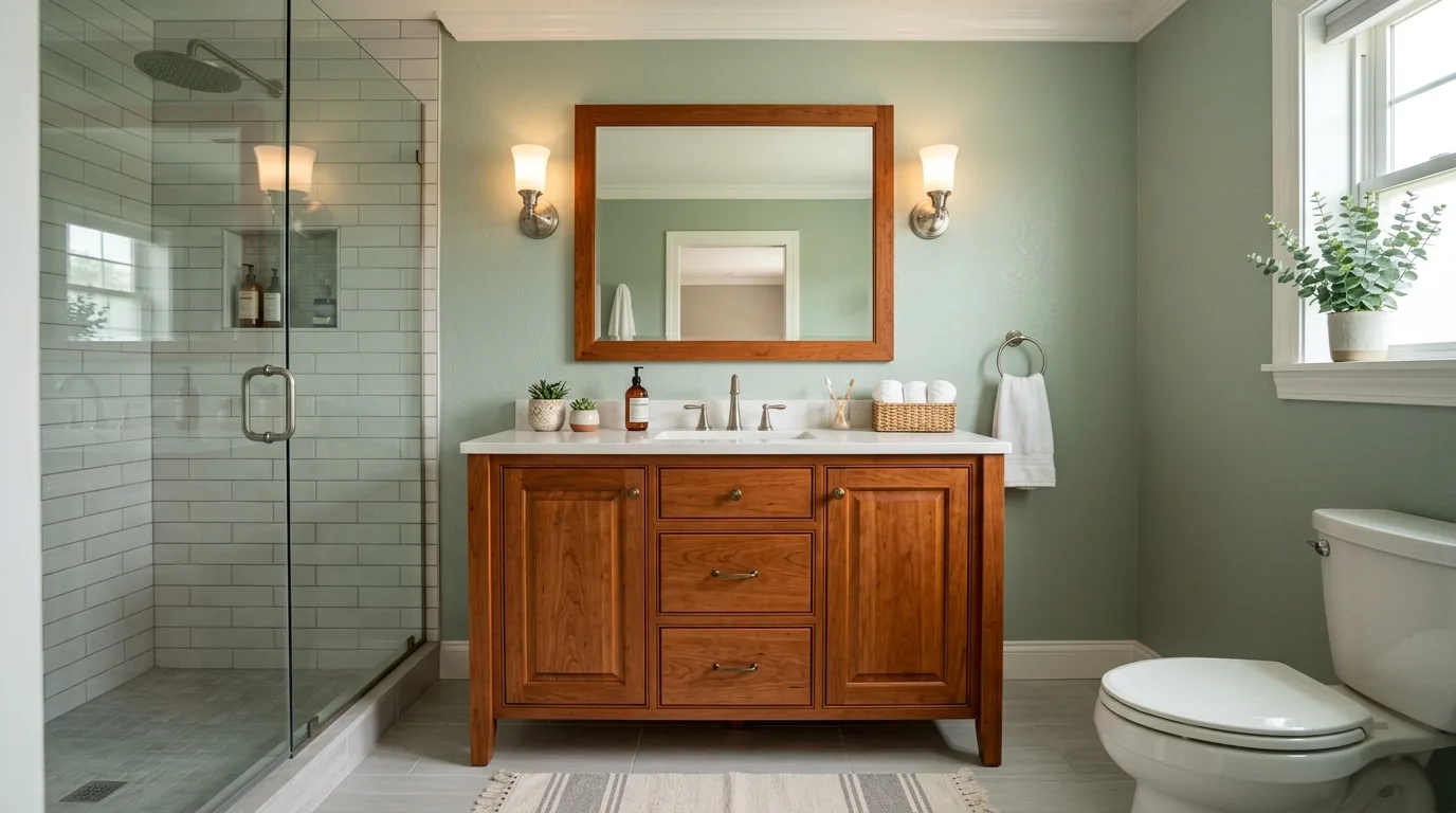 A bathroom with a wooden vanity, large mirror, glass shower enclosure, and toilet