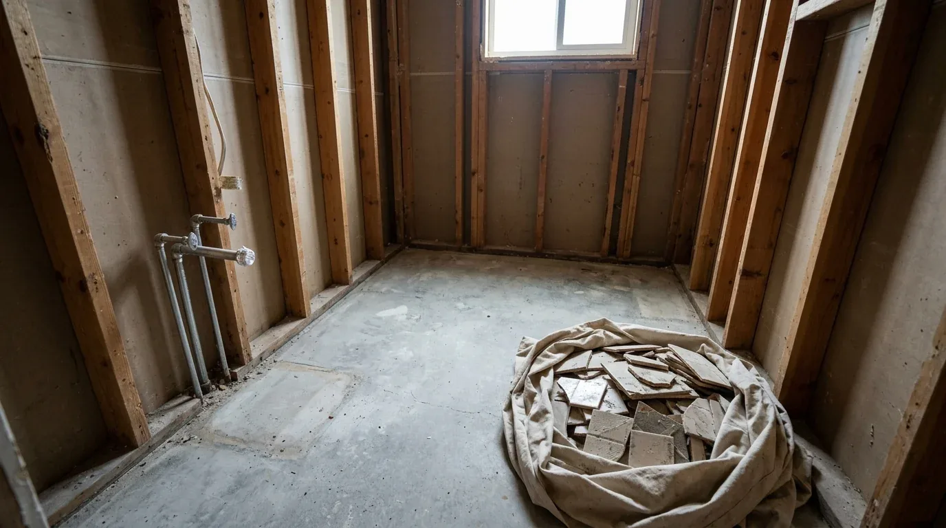 An unfinished room with exposed wooden studs, plumbing pipes, a window, and a pile of broken tiles on the floor