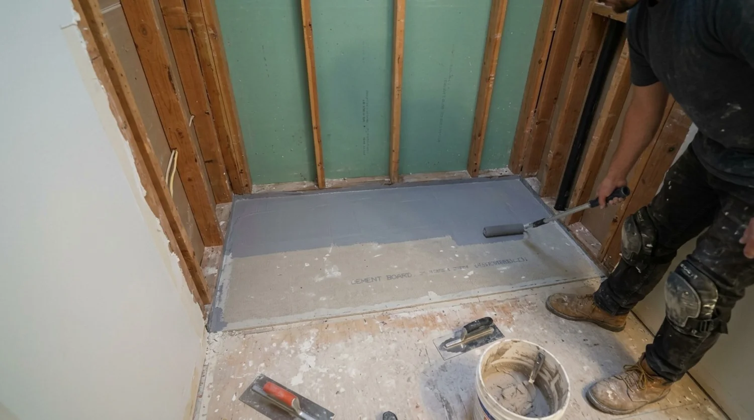 An unfinished room with exposed wooden studs, plumbing pipes, a window, and a pile of broken tiles on the floor