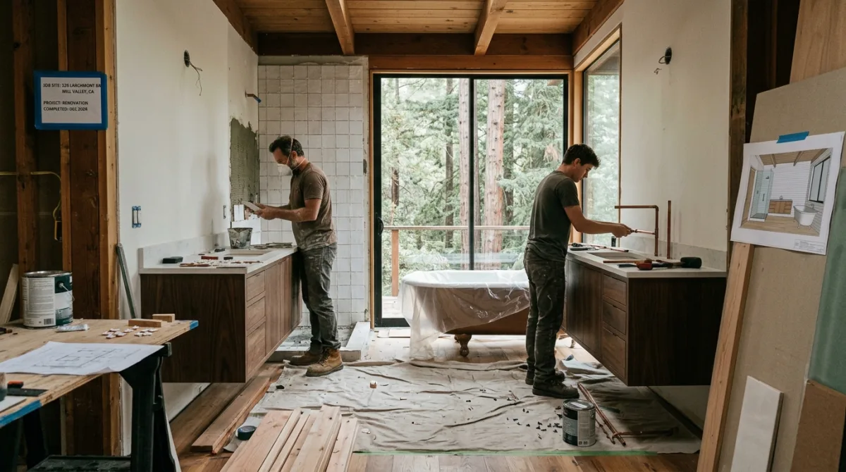Two workers are renovating a bathroom with wooden ceiling beams, floating vanities, and a clawfoot bathtub near a large