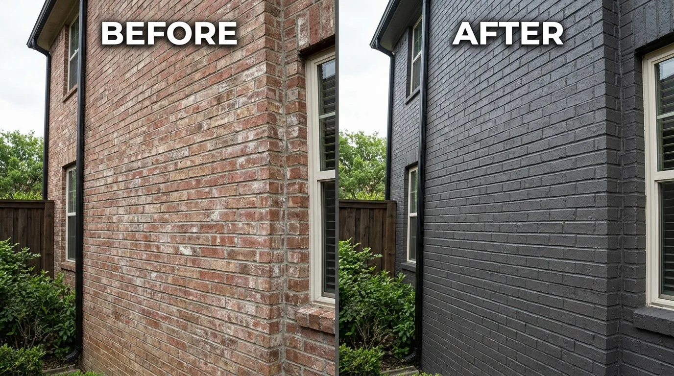 Side-by-side comparison of a brick exterior wall before and after being painted dark gray