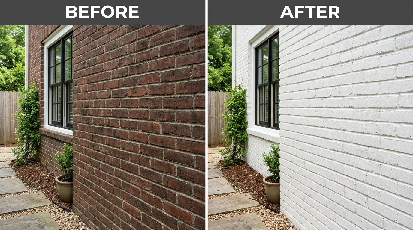 Side-by-side comparison of a brick exterior wall before and after being painted white