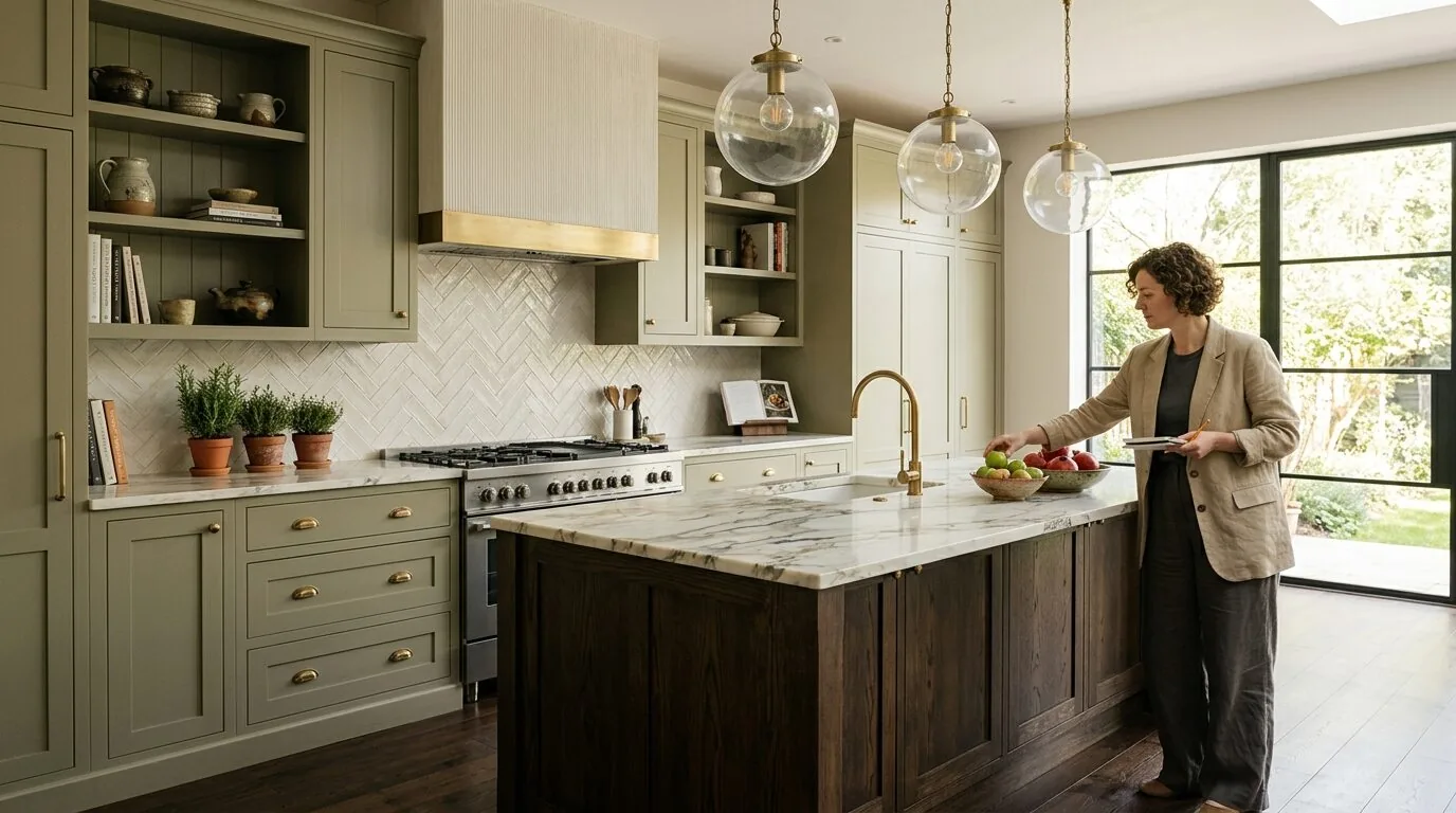 A rustic kitchen with wooden cabinetry, a central island, stools, and a large window overlooking a garden