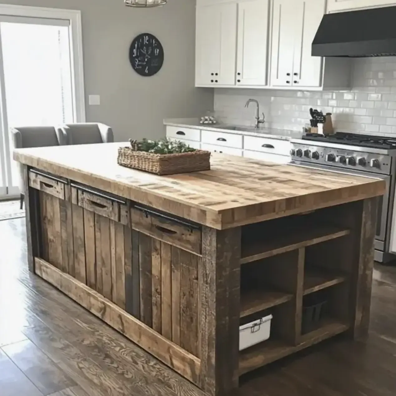 A modern kitchen with white cabinetry, stainless steel refrigerator, built-in oven, and microwave