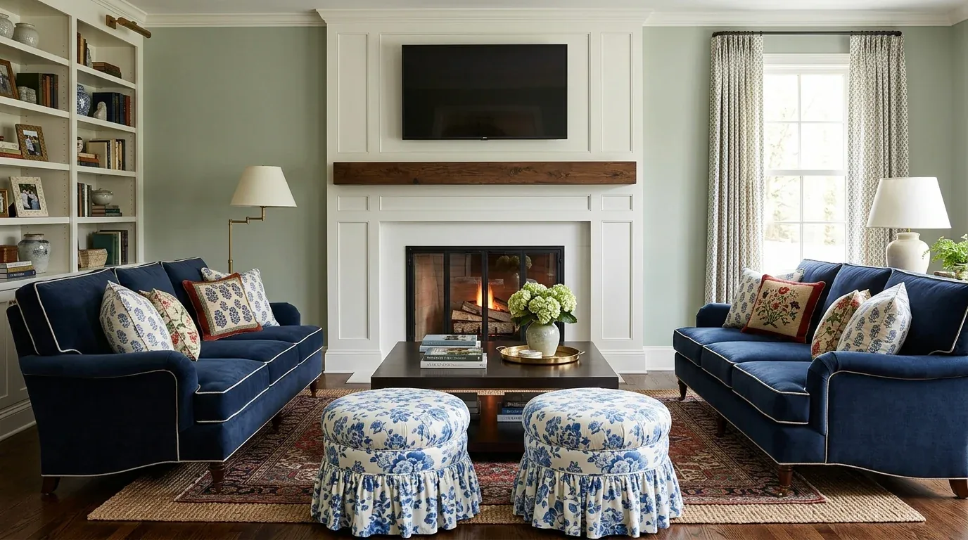 A cozy living room with two blue velvet sofas, a fireplace, a TV mounted above it, and two floral patterned ottomans in front of a dark wood coffee table