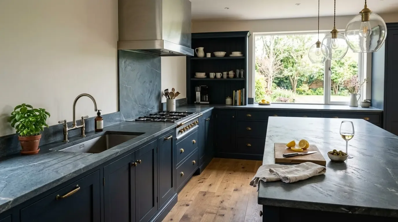 A modern kitchen with dark blue cabinetry, marble countertops, wooden floor, and large window overlooking a garden