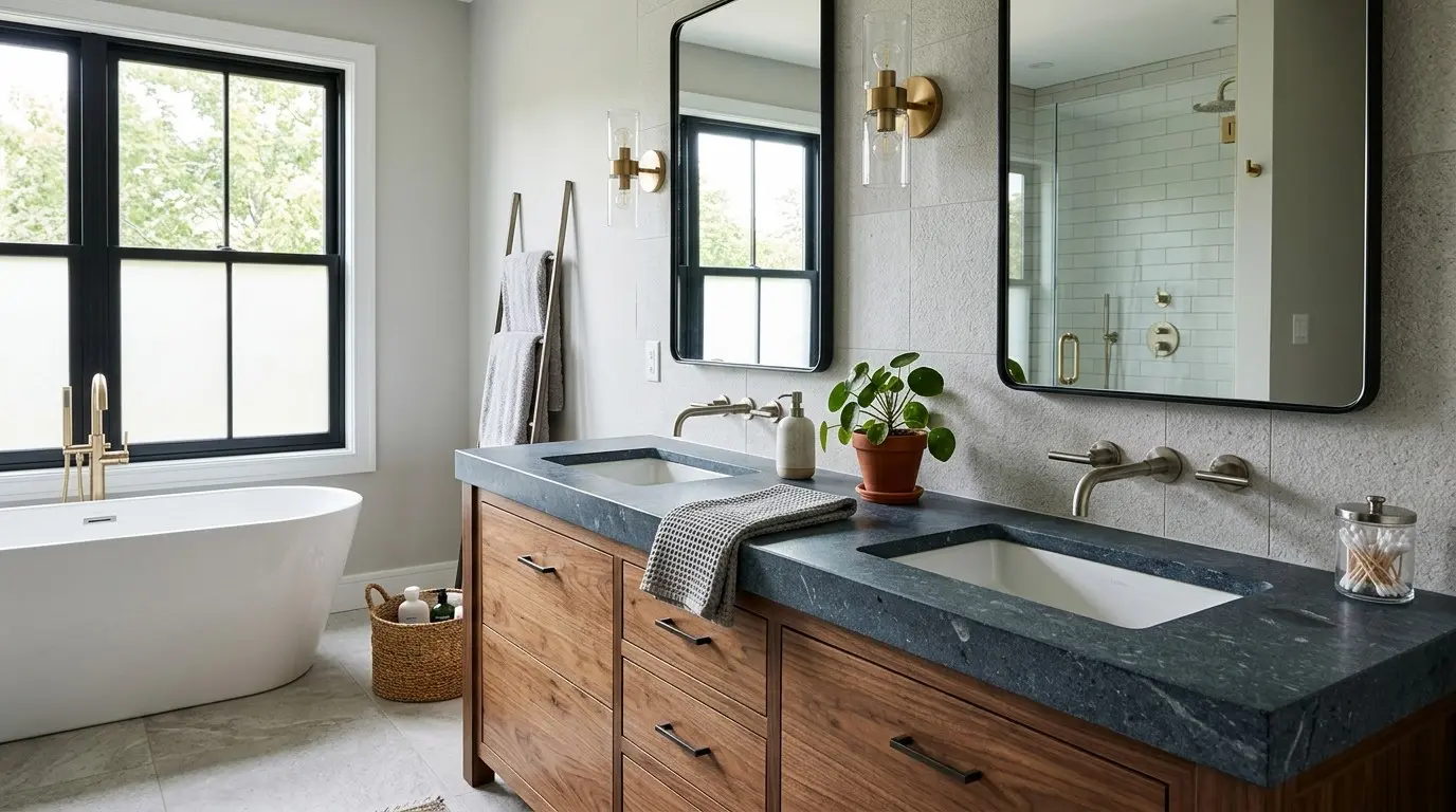 A modern bathroom with a double sink vanity featuring dark stone countertops, wooden cabinets, two mirrors