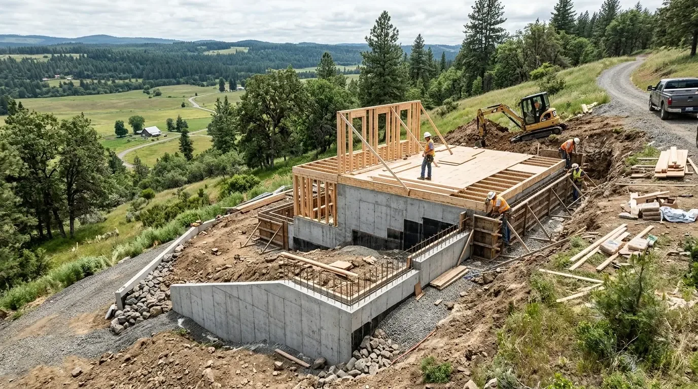 Construction workers building the wooden frame and concrete foundation of a house on a hillside with a scenic rural landscape in the background
