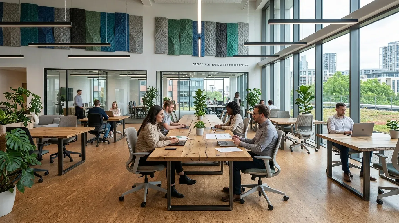A modern open office space with large windows, wooden desks, ergonomic chairs, and several people working on laptops