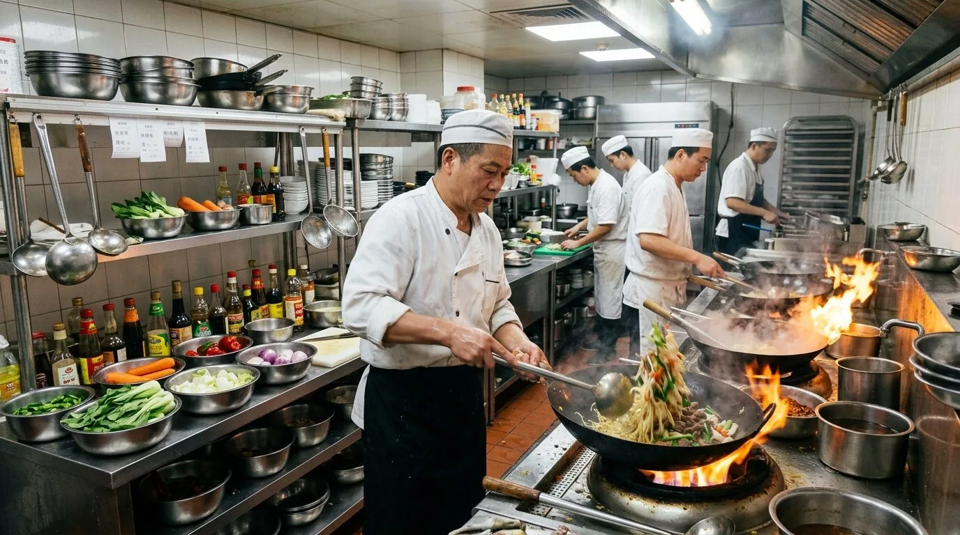 A busy commercial kitchen with chefs cooking at woks over open flames and shelves stocked with ingredients and utensils