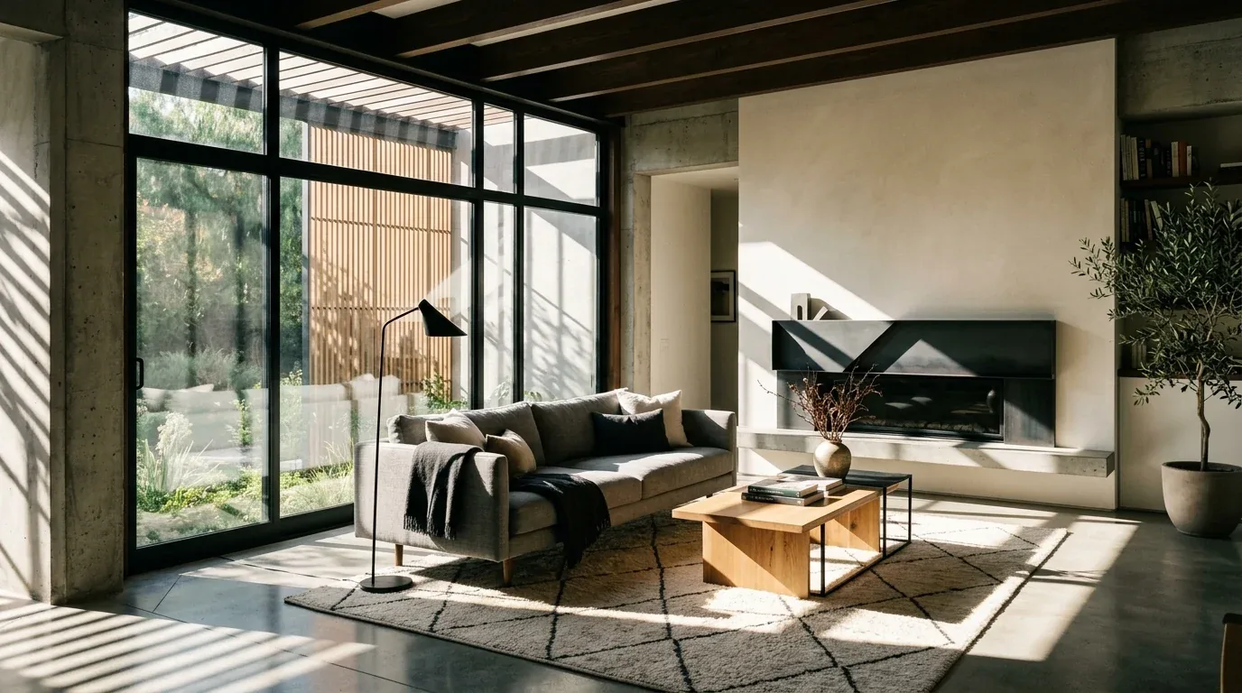 A modern living room with white sofas, wooden accents, a wall-mounted TV, and decorative plants