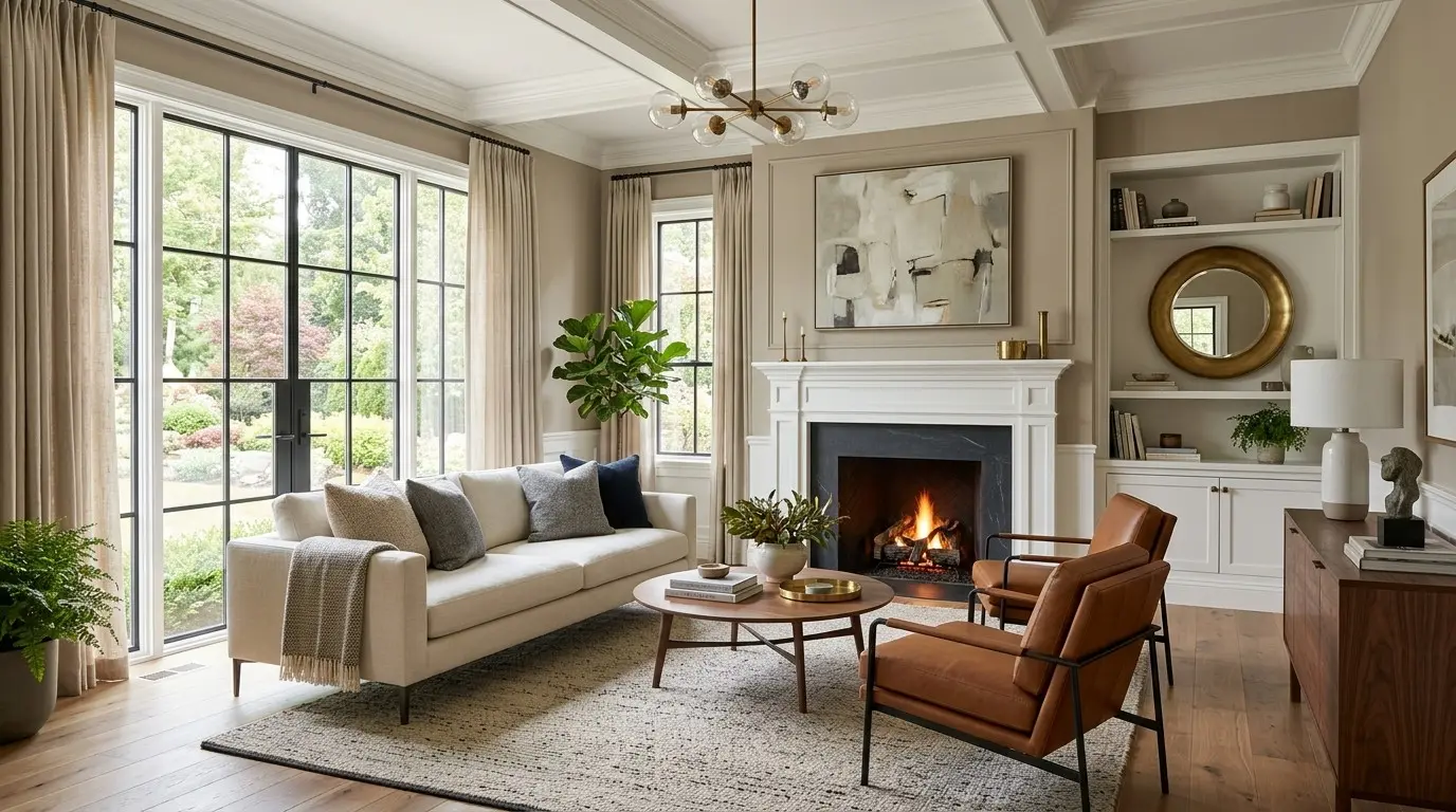 A bright and elegant living room with a white sofa, two brown armchairs, a round wooden coffee table, a fireplace