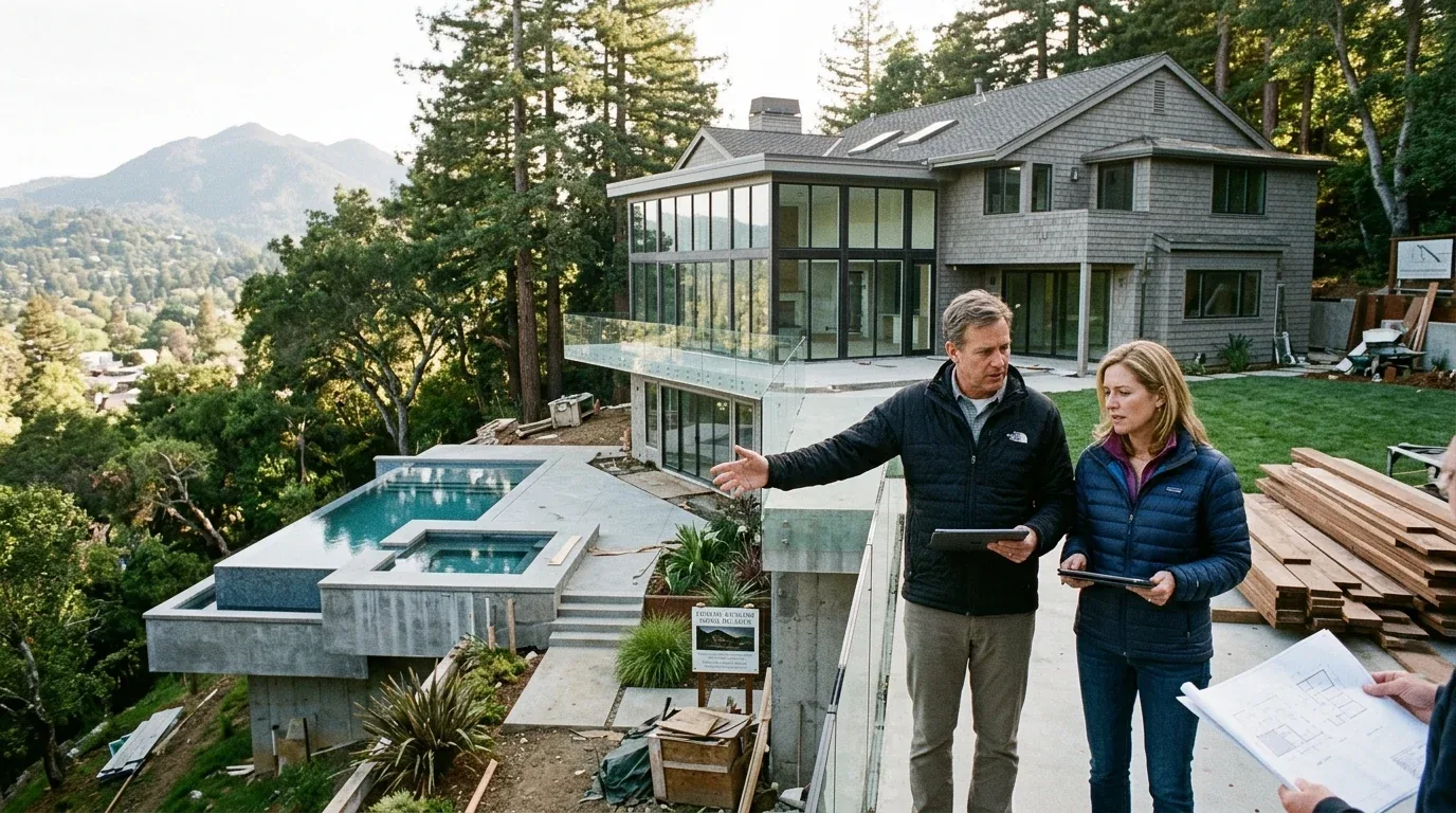 Two people discussing plans outside a modern house under construction with a pool and mountain view