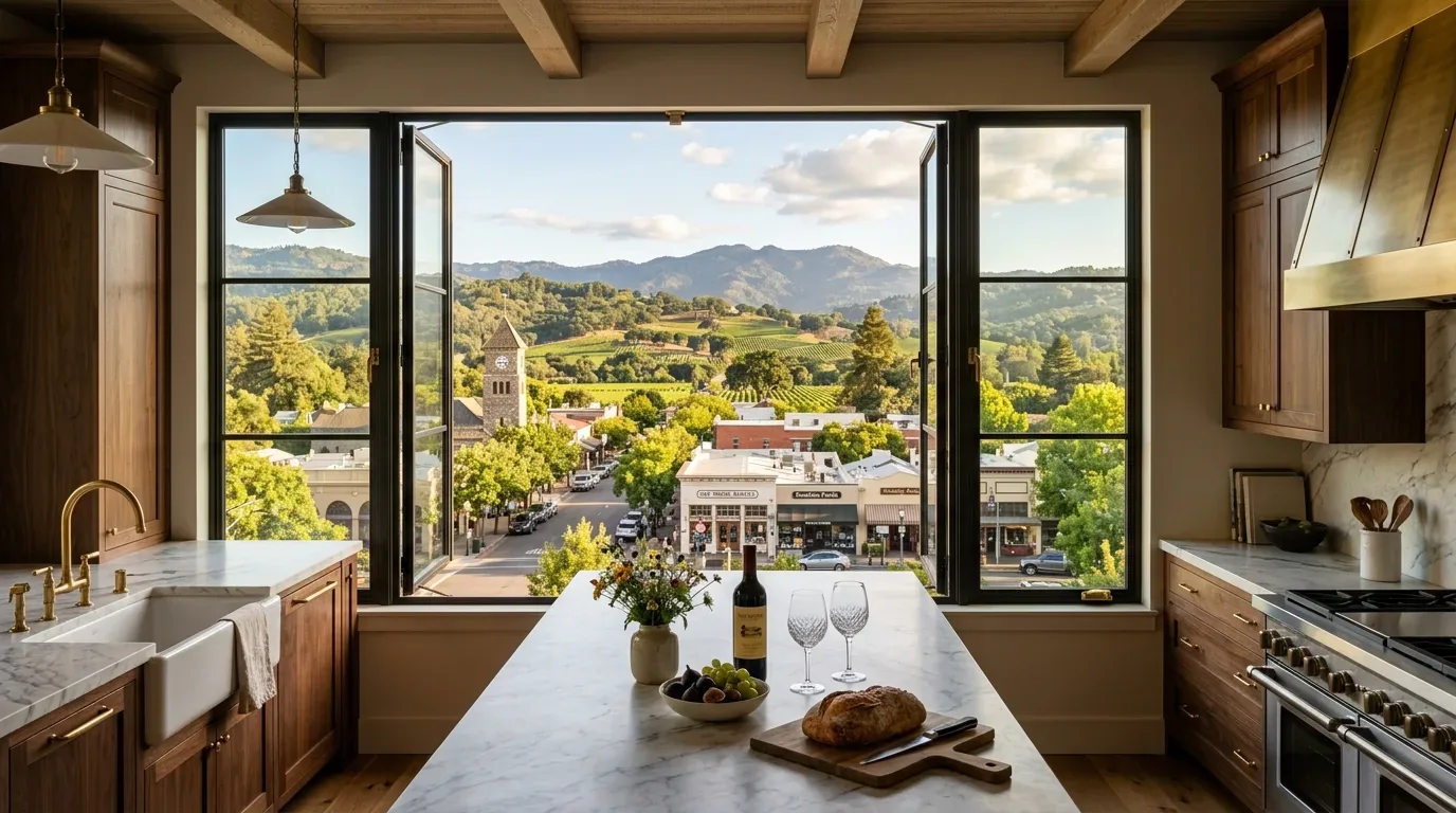 A kitchen interior with wooden cabinets and marble countertops looking out through large open windows onto a small town with a clock tower and hills in the background