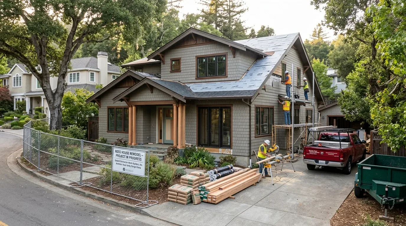 A craftsman-style house undergoing exterior remodeling with workers installing siding and construction materials on site
