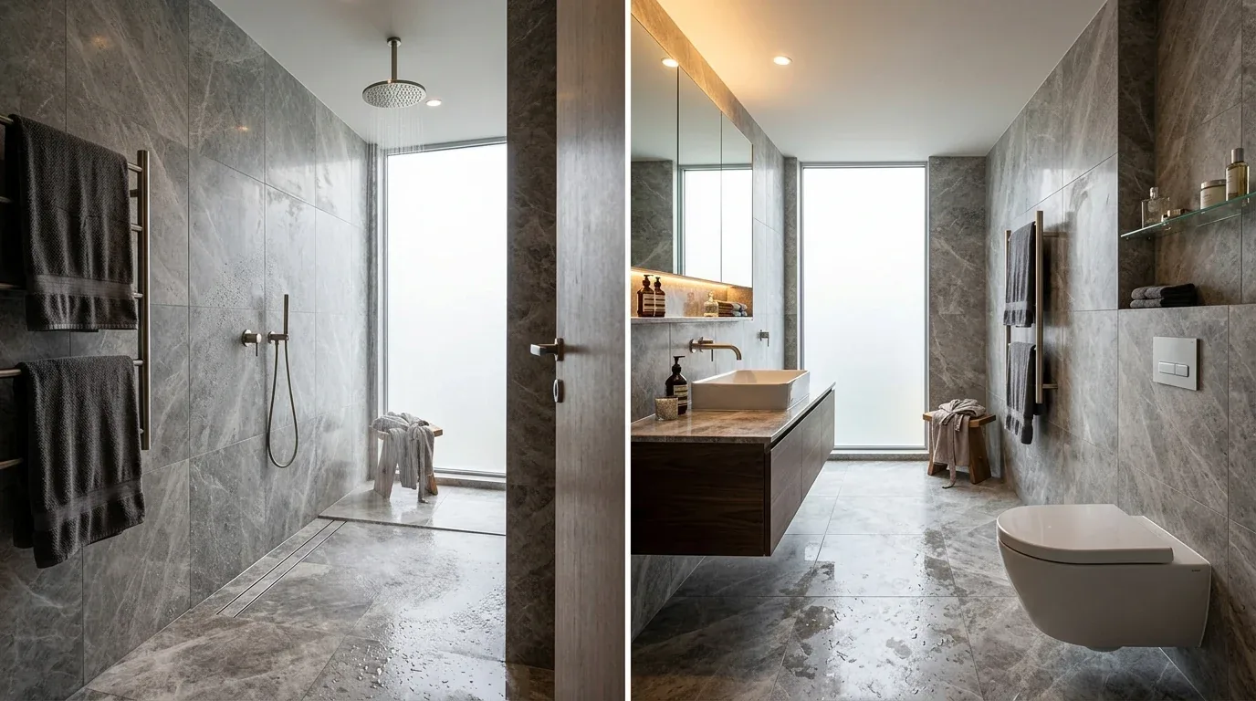 A modern bathroom with gray marble tiles, a walk-in shower, floating vanity, and a wall-mounted toilet