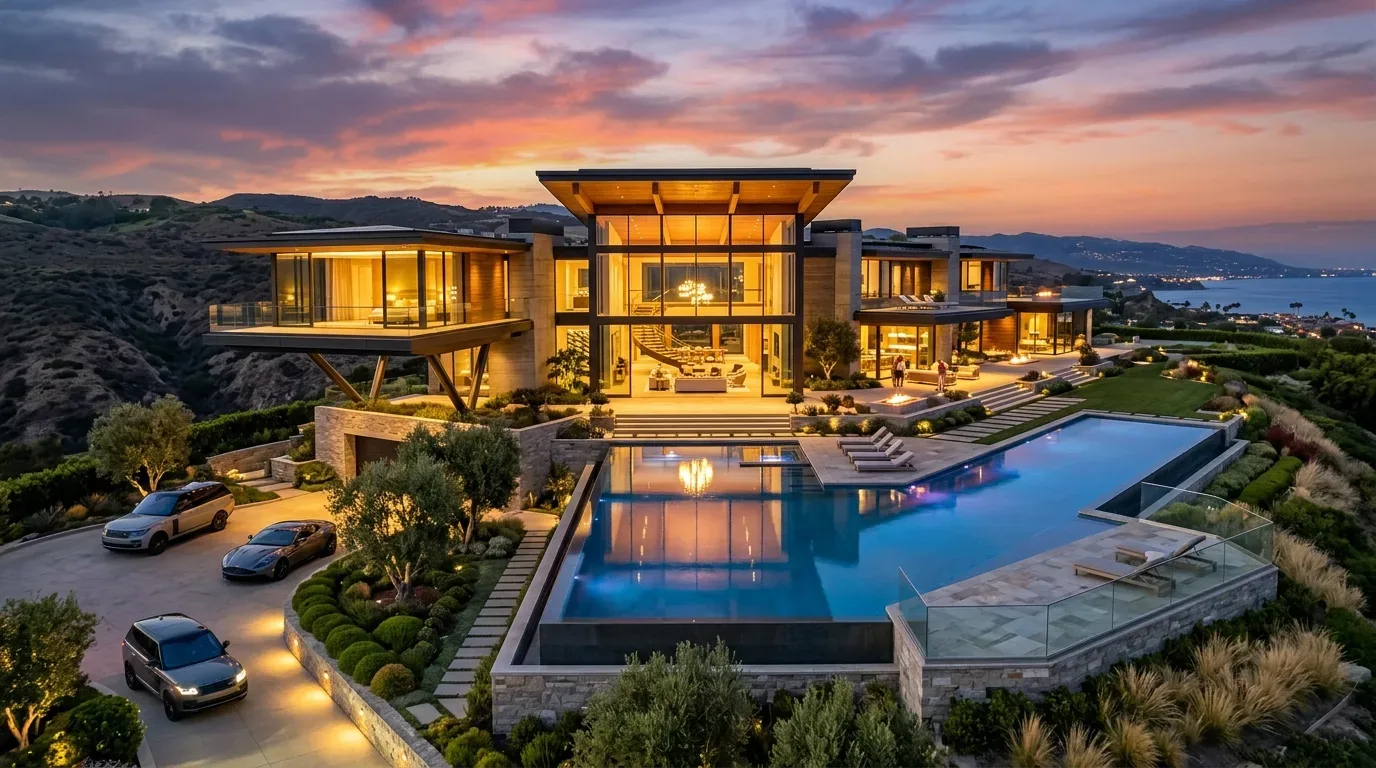 A large modern luxury house with extensive glass walls, an infinity pool, and a scenic sunset view over hills and water