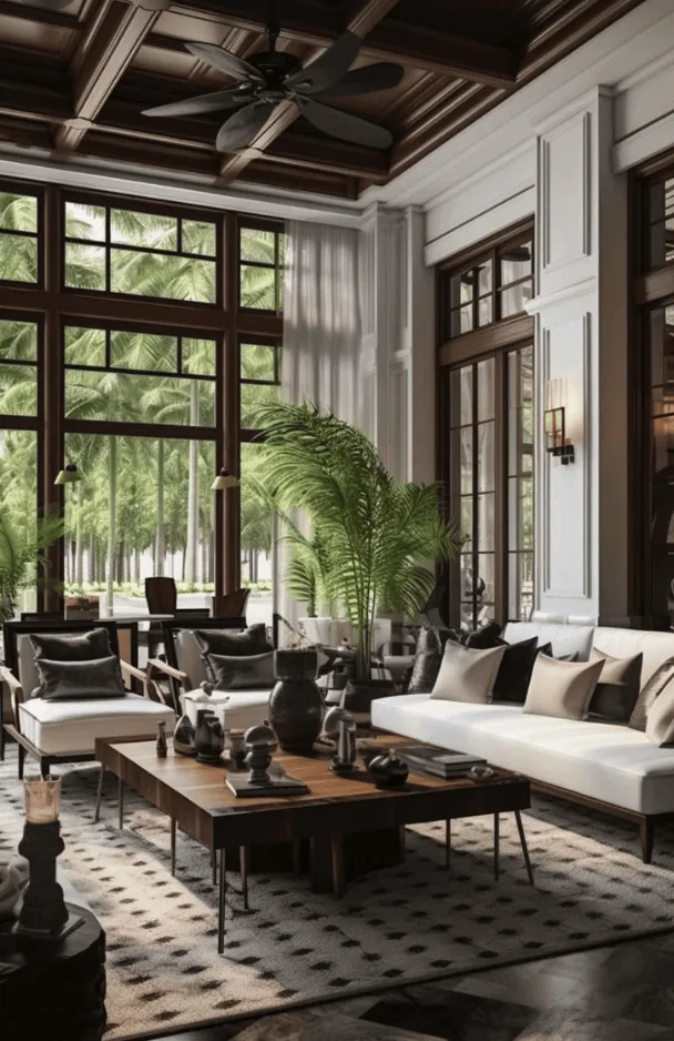 A spacious living room with large windows, white walls, dark wood accents, modern furniture, and indoor plants