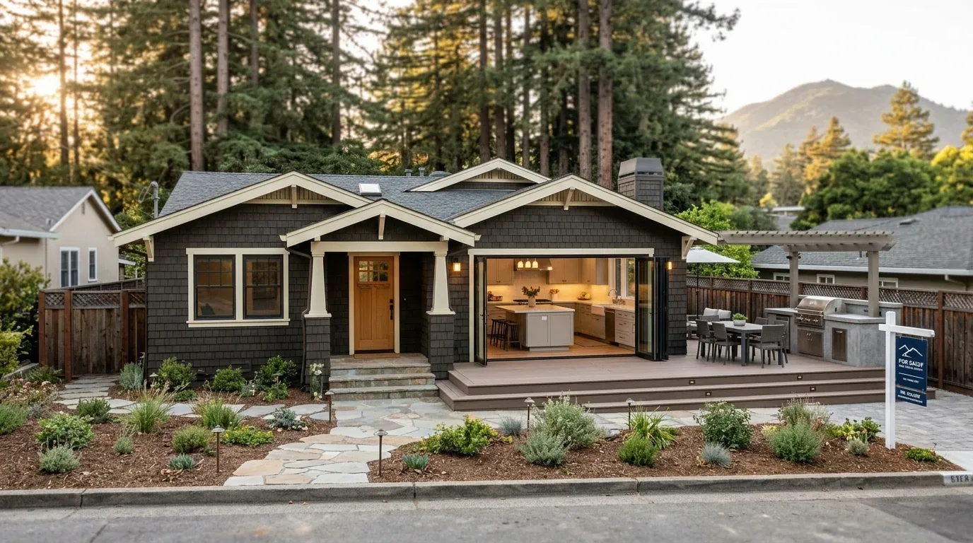 A craftsman-style house with a dark exterior, a wooden front door, an open kitchen visible through large folding glass doors, and an outdoor dining and grilling area on a wooden deck