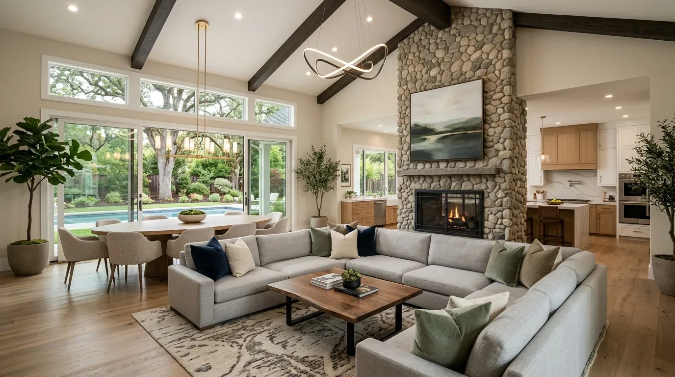 A spacious living room with a large sectional sofa, stone fireplace, wooden coffee table, and an open view into