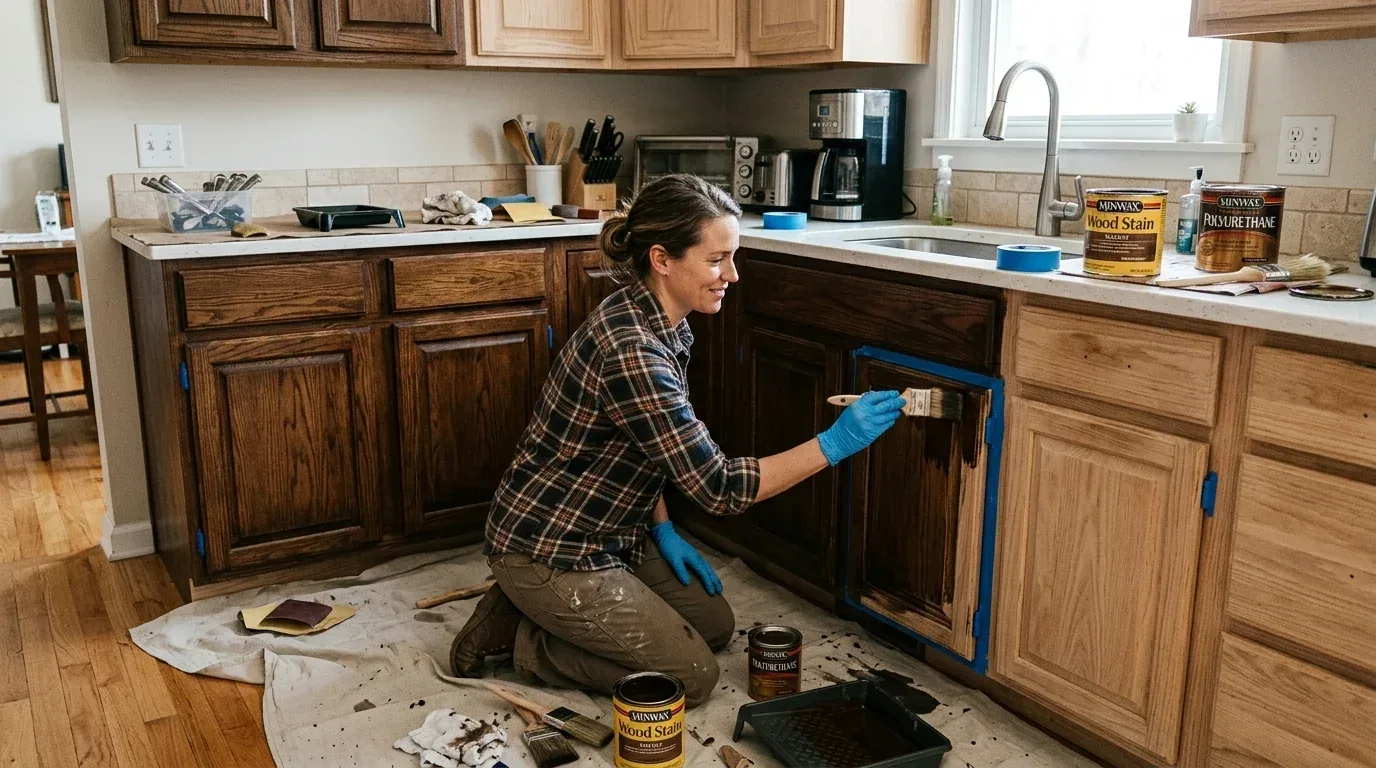 A woman is staining wooden kitchen cabinets with wood stain and polyurethane on the countertop