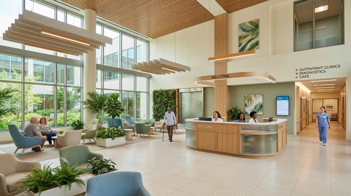 A bright and modern hospital or clinic reception area with a wooden welcome desk, seating area with plants, and large