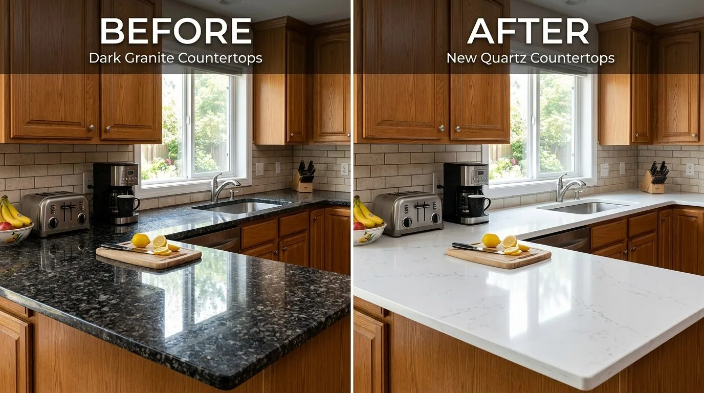 Side-by-side comparison of a kitchen before and after replacing dark granite countertops with new