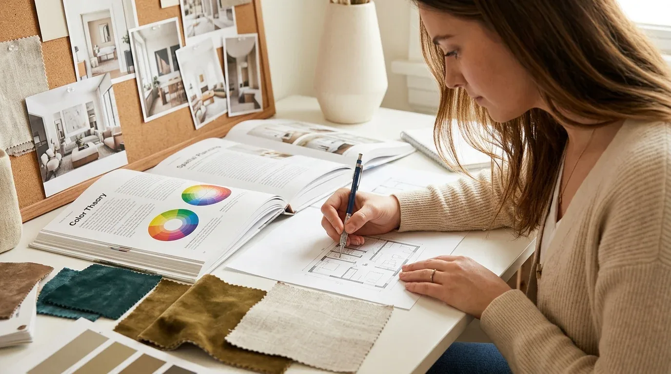 A woman is working on an interior design floor plan at a desk with fabric swatches, a color theory book, and pinned photos of room interiors