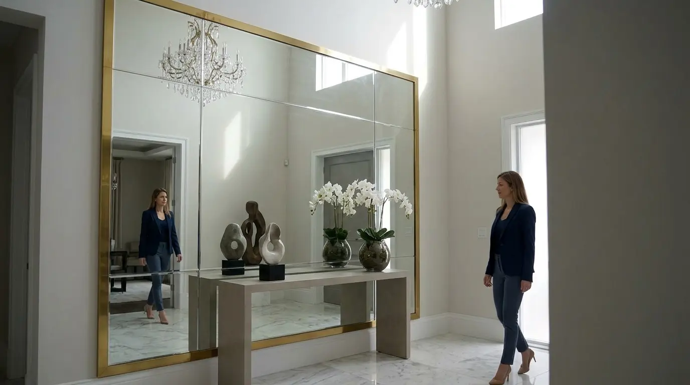A modern entryway with a large gold-framed mirror, a console table with decorative sculptures and orchids, and a woman