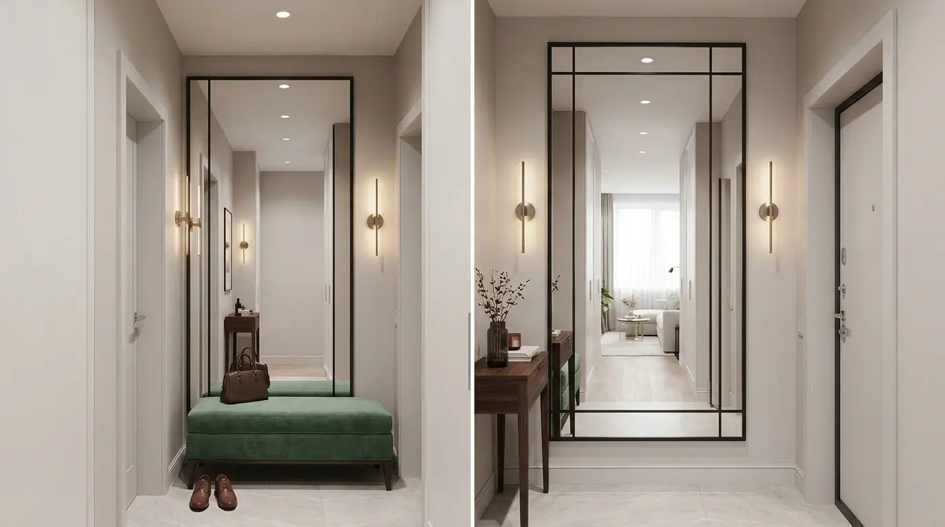 A modern hallway with a large decorative mirror, green bench, wooden console table, and wall sconces