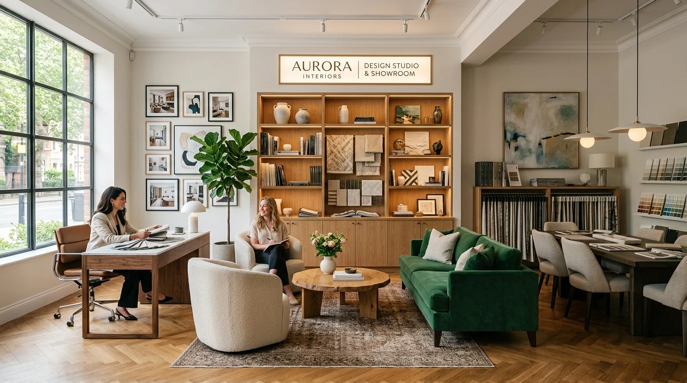 A modern interior design studio and showroom with a green sofa, wooden shelves, and two women discussing at a desk