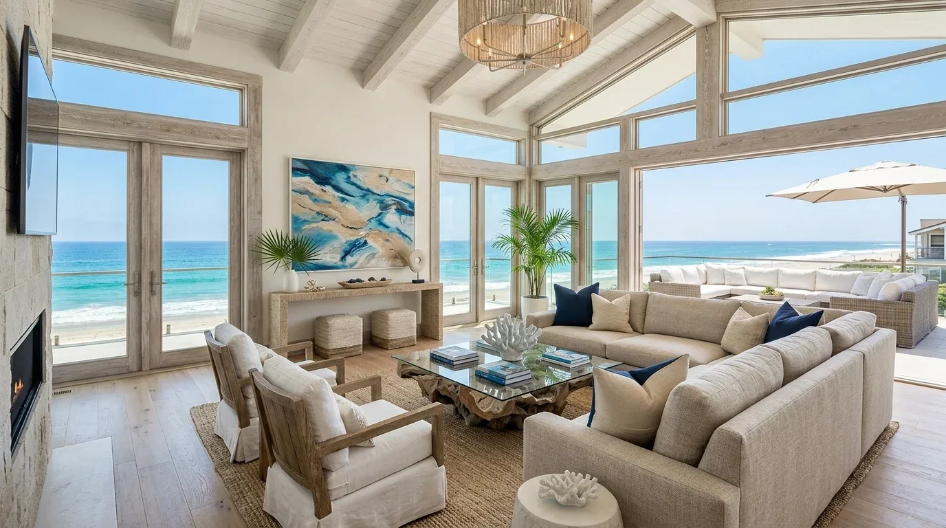 A bright and airy living room with large windows overlooking the ocean, featuring neutral-toned furniture and coastal decor